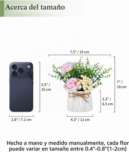 Vista 2 de BLOSMON Flores sintéticas en jarrón para decoración de mesa, 2 piezas, pequeñas, rosas rosadas
