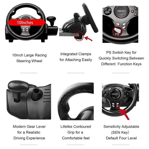 Vista 3 de DOYO Gaming Racing Wheel, Steering Wheel for PC, 270 Degree Driving Force Sim Game Steering Wheel with Responsive Gear and Pedals for PCPS3PS4XBOX