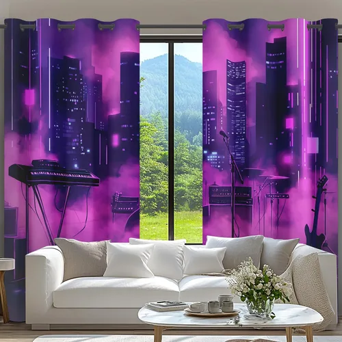 Vista 2 de Neon Synthwave Kitchen Curtains 2 Panels, Neon Cyberpunk Blackout Curtains Thermal Insulated Small Window Curtains, Colorful Futuristic Drapes