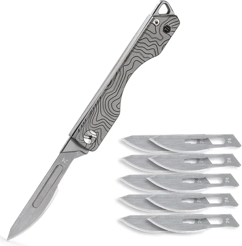 Vista 12 de KeyUnity KK01 Cuchillo plegable de titanio, cuchillo de bolsillo EDC con hoja reemplazable #24, para caza al aire libre, campamento, pesca