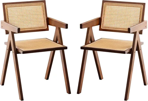 Vista 19 de Furlide Juego de 2 sillas de comedor de ratán, sillas de comedor modernas de mediados de siglo con brazos, sillas de bambú para exteriores