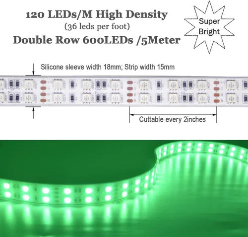 Vista 2 de Tira de luz LED súper brillante de 12 V, doble fila 600 LED, manga impermeable IP67, sin fuente de alimentación (conmutación de 7 colores RGB)