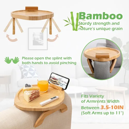 Vista 9 de SINWANT Mesa de brazo de sofá, mesa grande de bambú con clip para sofá con soporte para teléfono de 360°, mesa plegable para reposabrazos de sofá