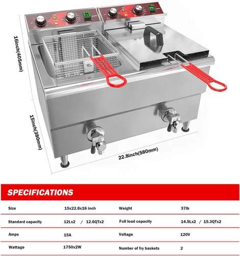 Vista 2 de Freidora eléctrica grande de 24 litros con drenaje de aceite y temporizador de 120 V 1750 W y 6 unidades de tamaño completo de 4 pulgadas