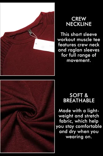 Vista 6 de COOFANDY - Camiseta muscular para hombre, camiseta de manga raglán plisada para culturismo, camisetas a la moda de manga corta para entrenar
