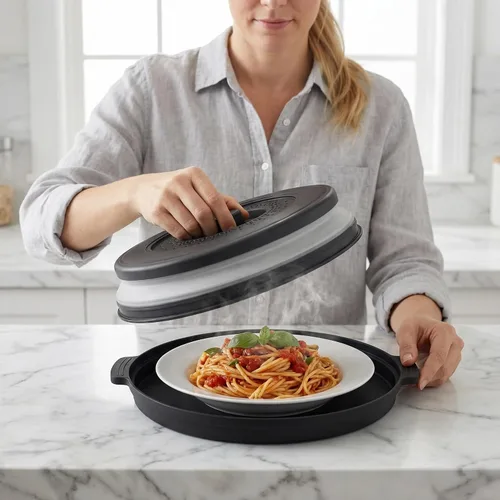 Vista 6 de Cubierta de alimentos para microondas con asa – Protector de salpicaduras de silicona plegable y ventilado con bandeja – Para microondas