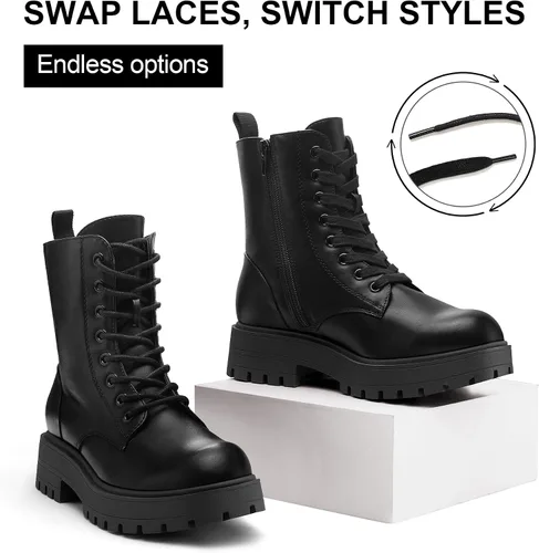 Vista 4 de mysoft Women's Combat Boots Platform Chunky Low Heel Lace Up Ankle Booties With Side Zipper Shoes