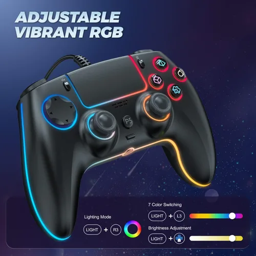 Vista 3 de GUOC Wired Controller Compatible for PS-5/Pro/Slim/PC, Hall Effect Sticks & 7 RGB LED Mode & haptic Feedback & Motion Sensing, 3.5mm Audio Jack