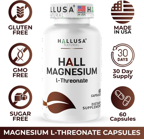Vista 8 de Hallusa Natural Cápsulas de L-treonato de magnesio de 2000 mg, suplemento de apoyo cognitivo para la salud y la memoria del cerebro, claridad