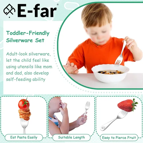 Vista 5 de E-far Tenedores para niños pequeños, juego de 6 tenedores de acero inoxidable para niños pequeños, utensilios pequeños de metal