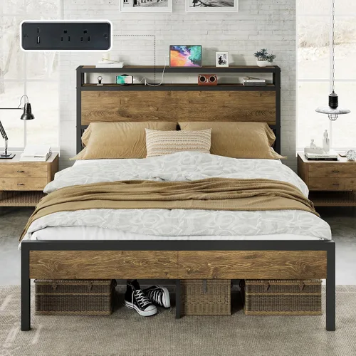 Vista 11 de AMERLIFE Base de cama tamaño Queen con cabecera de almacenamiento y estación de carga, cama de plataforma de metal industrial con gran Negro