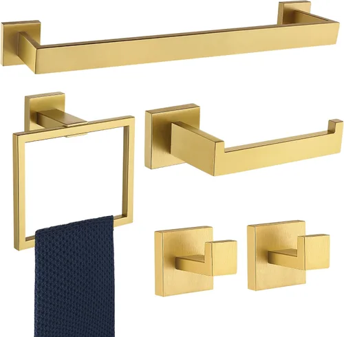 Vista 12 de Juego de 5 piezas de accesorios de ferretería para baño en negro mate, juego de toalleros cuadrados de 16 pulgadas para baño, juego de barras