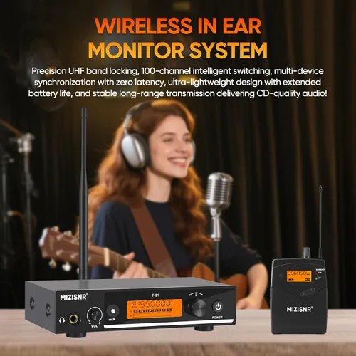 Vista 2 de Sistema de monitor inalámbrico en el oído, sistema IEM mono UHF Pro con transmisor de metal, 1 receptor de cuerpo con auriculares de monitor, 100