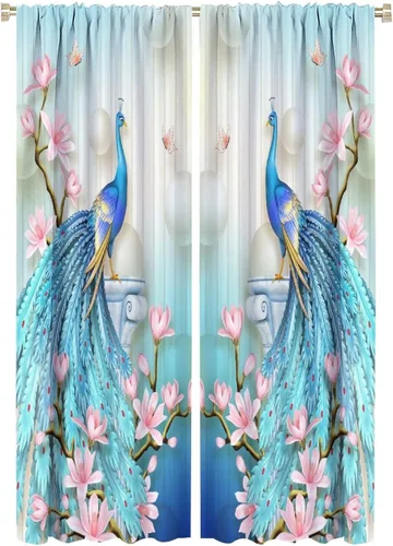 Vista 22 de Cortinas opacas de pavo real, hermoso patrón de estampado de flores de pavo real azul, estampado de mariposas y pavo real, juego de 2 paneles