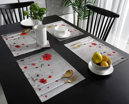 Vista 3 de Juego de 6 manteles individuales de flores de amapola roja para mesa de comedor, manteles individuales de lino de algodón gris rústico