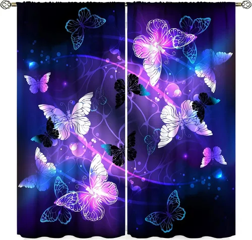 Vista 21 de Cortinas opacas de pavo real, hermoso patrón de estampado de flores de pavo real azul, estampado de mariposas y pavo real, juego de 2 paneles