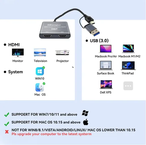 Vista 8 de Adaptador USB a HDMI para 2 monitores, USB 3.0 a HDMI dual para 3 monitores, USB a HDMI con dos displau HD compatible con Mac y Windows/Extensor