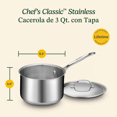 Vista 3 de Cuisinart 7193-20P Chef's Classic - Cacerola para cocinar y verter de 3 cuartos con tapa de acero inoxidable