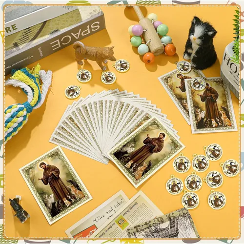 Vista 4 de Zeyune Medalla de San Francisco para perros con 24 tarjetas de oración de San Francisco de Asís, token de San Francisco de Asís, juego de regalo