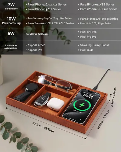 Vista 6 de Valet Tray, Built in Wireless Charging Pad, Nightstand Organizer Sillín marrón