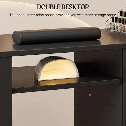 Vista 6 de Mesa de manicura con mesa extensible, mesa de escritorio de uñas para tecnología de uñas con soporte para bolsa de basura y cajón vertical, estación