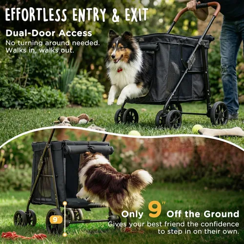 Vista 3 de CANINE CANYON Scout - Cochecito para mascotas, diseño de 4 ruedas para perros pequeños/medianos, plegable con un botón, ventanas y persianas de Negro