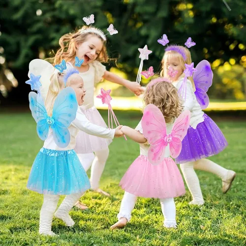 Vista 7 de Lainlight 4 piezas de disfraz de hada de mariposa para niñas, juego de disfraz de princesa con alas, falda tutú, varita