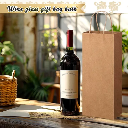 Vista 6 de Handepo 50 bolsas de papel kraft para vino con asas prácticas de 13 x 5.3 x 3.3 pulgadas, bolsas de compras para pequeñas empresas (marrón)