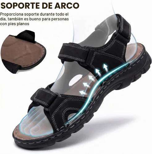 Vista 6 de Jousen Men's Leather Hiking Sandals with Arch Support Sandalia Playa Casual 662-negro