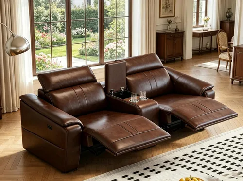 Vista 16 de Sofá reclinable eléctrico de dos plazas, sofá modular reclinable con reposacabezas ajustable y reclinable eléctrico, cuero transpirable con consola