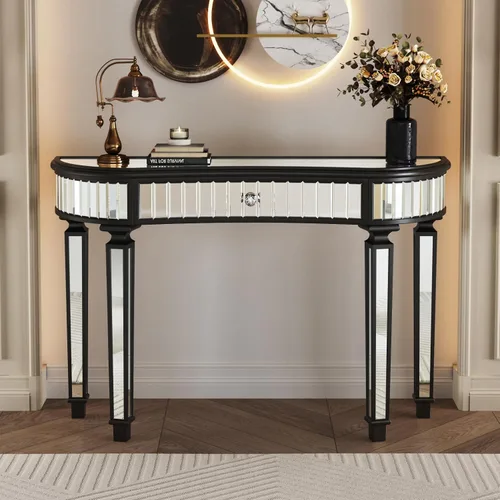 Vista 13 de Henf Escritorio de tocador con espejo para dormitorio, mesa de tocador de maquillaje, mesa de sofá con 2 cajones de diamantes sintéticos, moderno