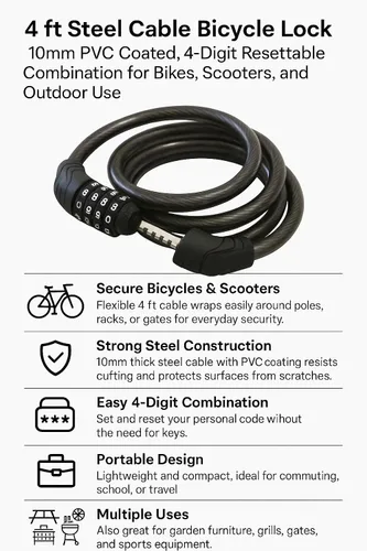 Vista 9 de Candado de bicicleta de combinación de acero flexible de 4 pies con mecanismo de autoajuste, 0.394 pulgadas de grosor con cubierta de PVC, código