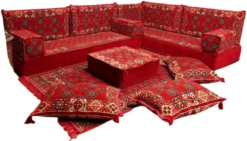 Vista 175 de arabicsofa Juego de asientos Jalsa en forma de L – Majlis árabe hecho a mano con almohadas de respaldo