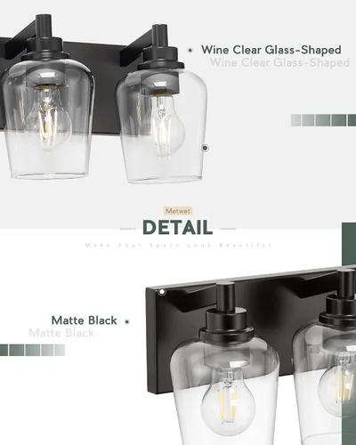 Vista 4 de Lámparas de baño, lámpara de tocador moderna de 4 luces con pantalla en forma de copa de vino de vidrio transparente, accesorios de iluminación Negro