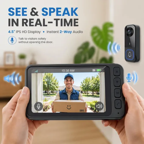 Vista 2 de TKMARS Timbre de puerta inalámbrico sin suscripción, timbre de video, intercomunicador en tiempo real, pantalla de 4.5 pulgadas, ángulo de visión