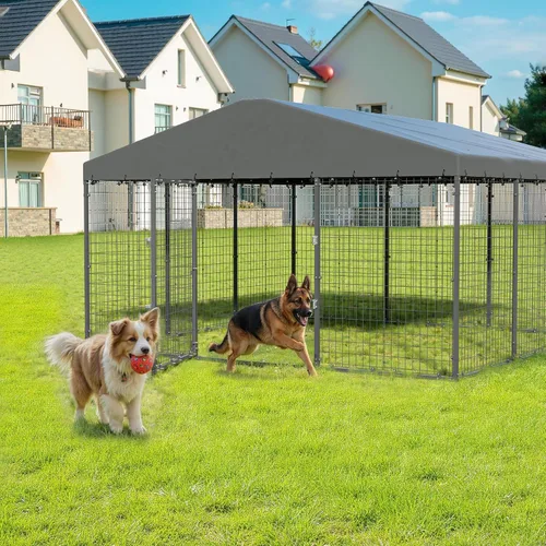 Vista 7 de Perrera grande para perros de 10 x 10 x 6 pies, jaula resistente con doble cerradura, perrera para perros al aire libre con cubierta impermeable