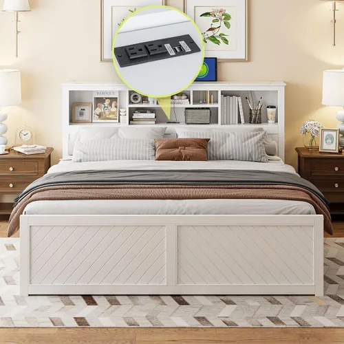 Vista 10 de Polibi Cama de plataforma de madera tamaño King con cabecera de almacenamiento múltiple, puertos y cajones de carga USB, plataforma