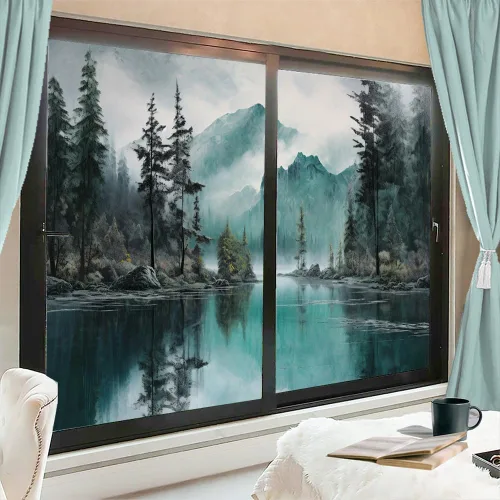 Vista 7 de Película de privacidad para ventana de dibujo de paisaje abstracto, escena de lago, temática de naturaleza, vitrales, sin pegamento, película