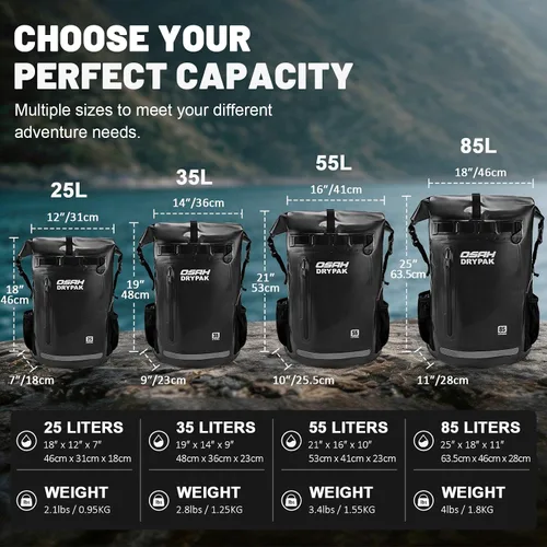 Vista 2 de Waterproof Dry Bag Backpack 25L/35L/55L/85L, Roll-Top Heavy Duty Rucksack Black