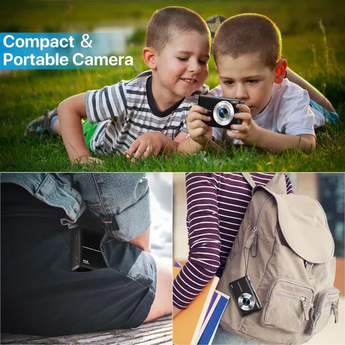 Vista 5 de Cámara digital, FHD 1080P apuntar y disparar cámara para niños, con tarjeta de 32 GB, sello de fecha antivibraciones con zoom 16X, compacto, Negro