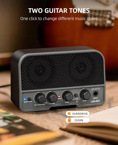 Vista 2 de LEKATO Mini amplificador de guitarra eléctrica recargable de 5 W, canales limpios/sobremarchados, amplificador pequeño portátil para práctica