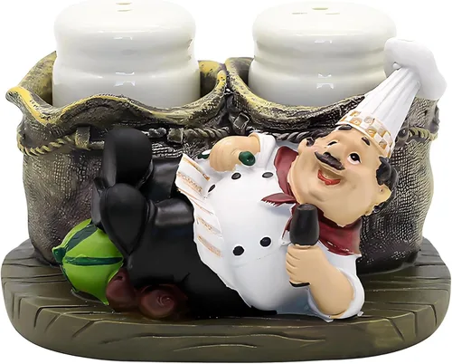 Vista 9 de Juego de salero y pimentero, estatua decorativa de chef sentado, organizador de especias, tarros de especias de vidrio con soporte, figura de regalo