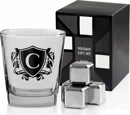 Vista 8 de Regalos de whisky para hombres, vaso de whisky con inicial personalizada con piedras de whisky para papá, novio, mejores amigos, compañeros