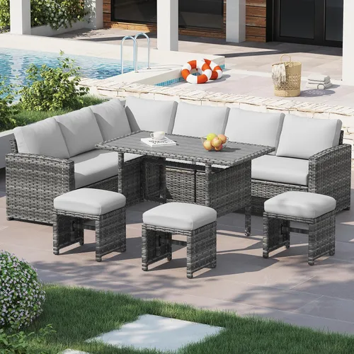 Vista 14 de U-MAX Juego de muebles de patio, 7 piezas de sofá seccional para exteriores Ratán marrón y cojín rojo