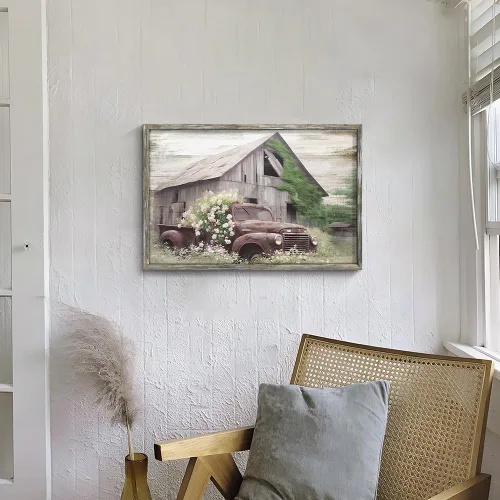 Vista 6 de Arte de pared de madera enmarcada de granja: arte de camión viejo rústico pintura de madera de granero para dormitorio