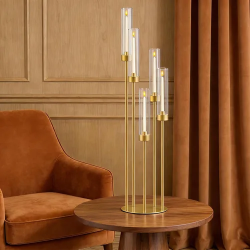 Vista 4 de Juego de 35 en 1 candelabros dorados para centros de mesa, portavelas para mesas, centros de mesa para bodas, decoraciones de mesa, pantalla