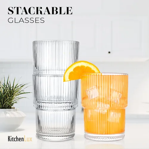 Vista 5 de Kitchen Lux Vasos acanalados de vidrio acanalado de 15 onzas – Juego de 2 vasos acanalados – Juego de 2 vasos estéticos con textura vintage retro