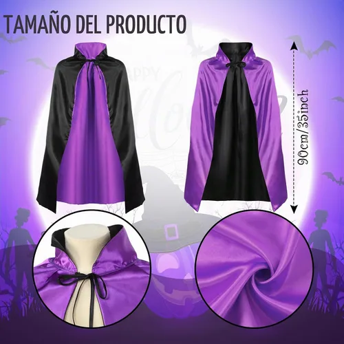 Vista 2 de Boyiee 3 piezas de disfraz de bruja para niños, capa reversible, sombrero de mago, escoba de mago, capa de vampiro para carnaval, Mardi Gras, Día