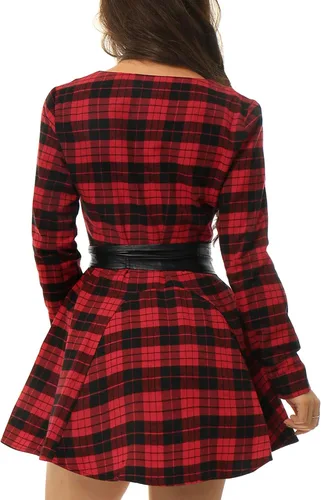 Vista 5 de Allegra K Vestido de Navidad a cuadros para mujer, de manga larga, con botones, con cinturón