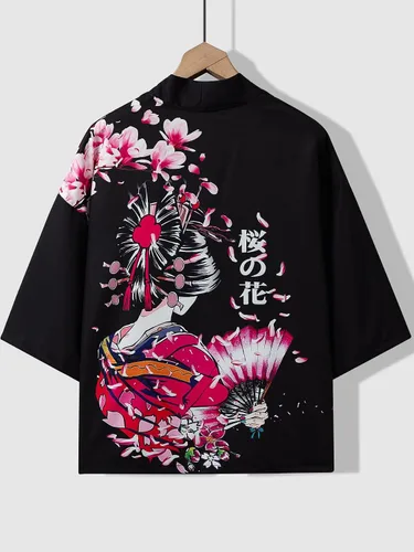 Vista 2 de WDIRARA Kimono de estilo japonés con estampado floral y grúa para hombre